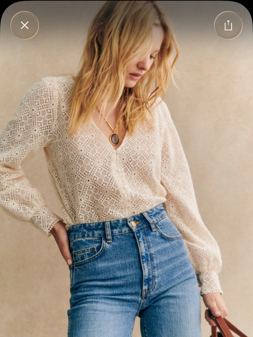 Sezane Gaya Cream Lace V-Neck Long-Sleeve Blouse - size 36 / US 4